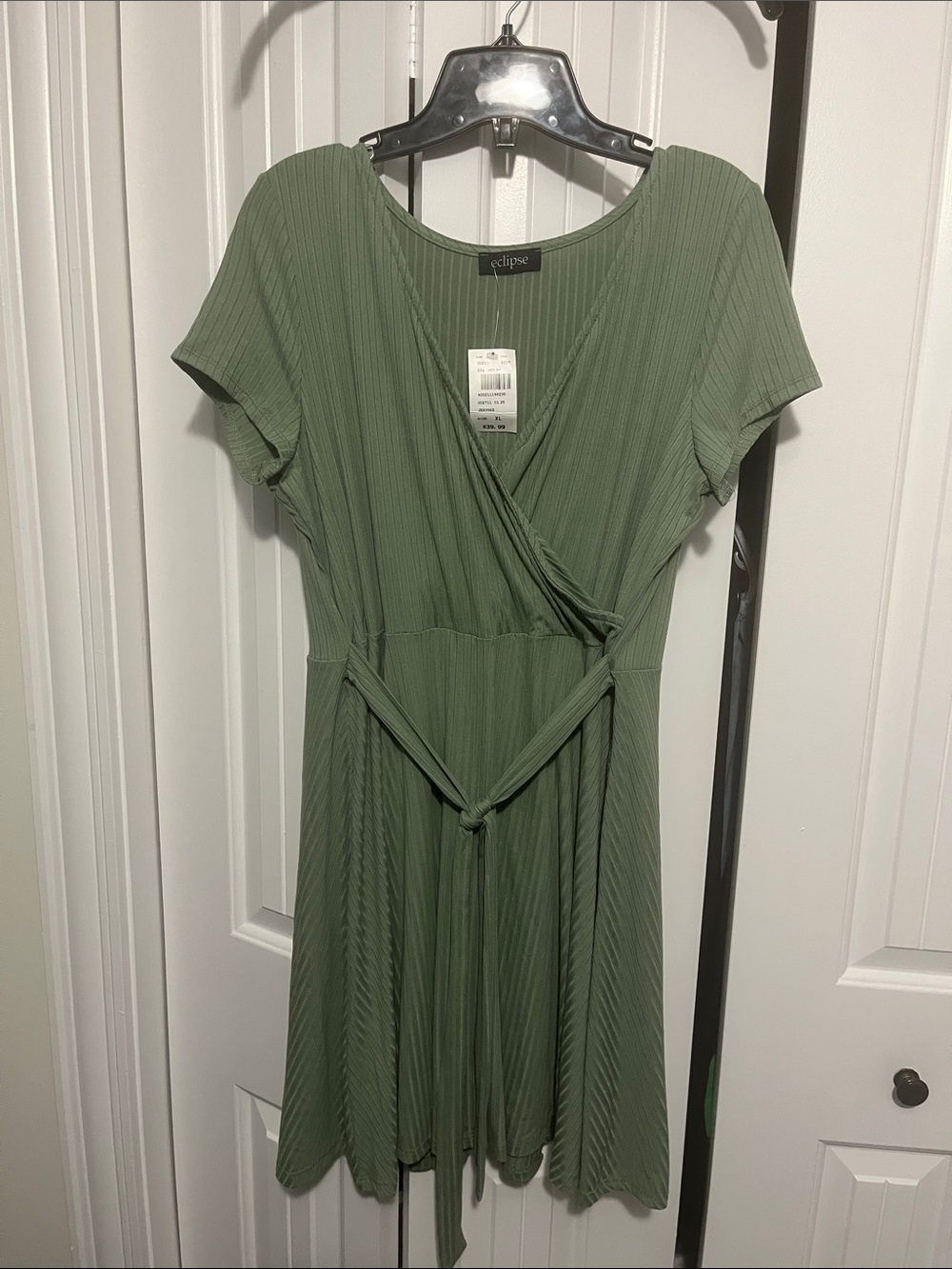 Eclipse Sage Green Ribbed Surplice Wrap Mini Dress